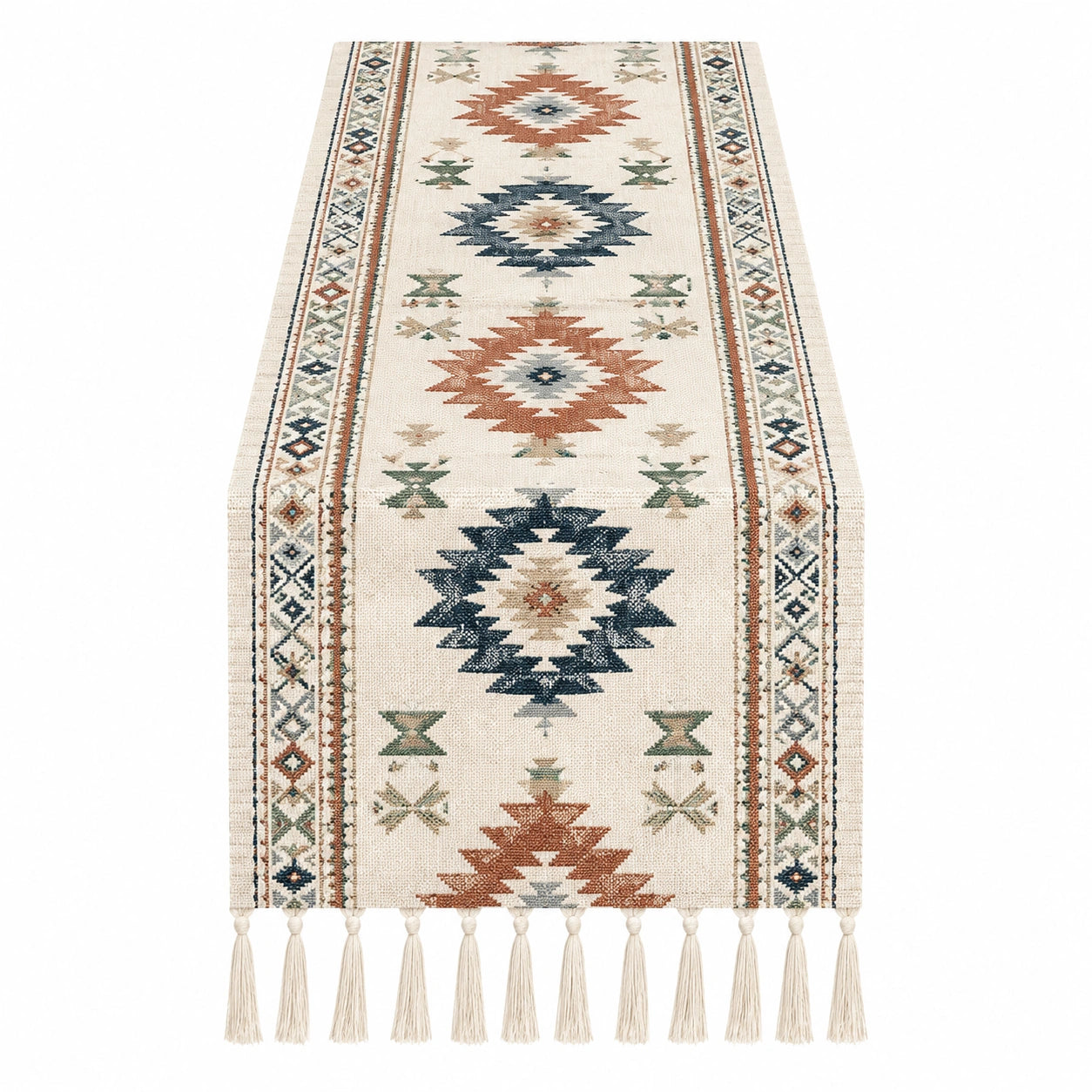 Chemin de Table Bohème Motifs Géométriques avec Franges - Beige/Motifs Multicolores