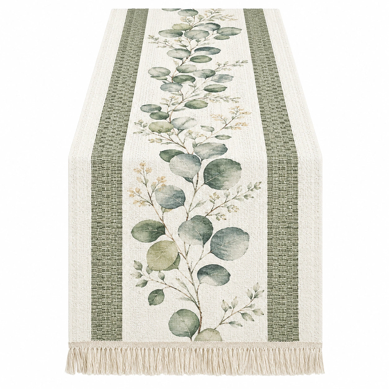 Chemin de table feuillage 180x33 cm vert/beige avec franges