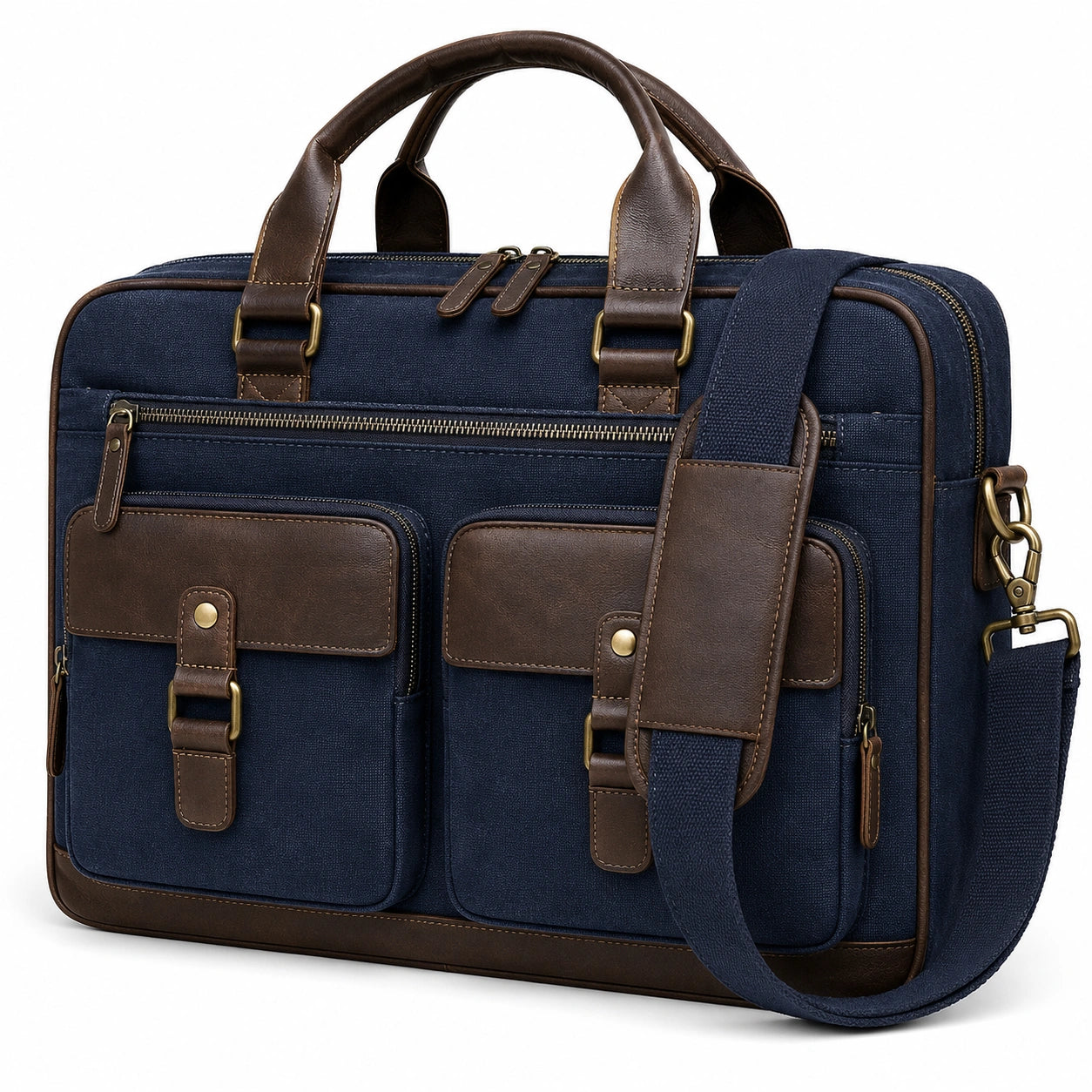 Sacoche Ordinateur Portable Bleu Marine et Marron avec Bandoulière
