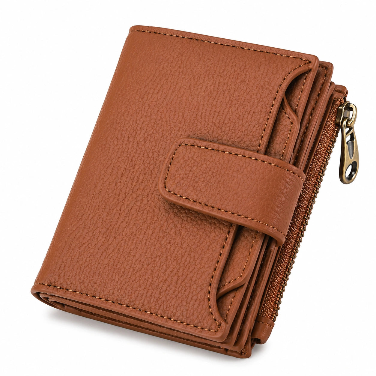 Portefeuille compact marron avec fermeture éclair