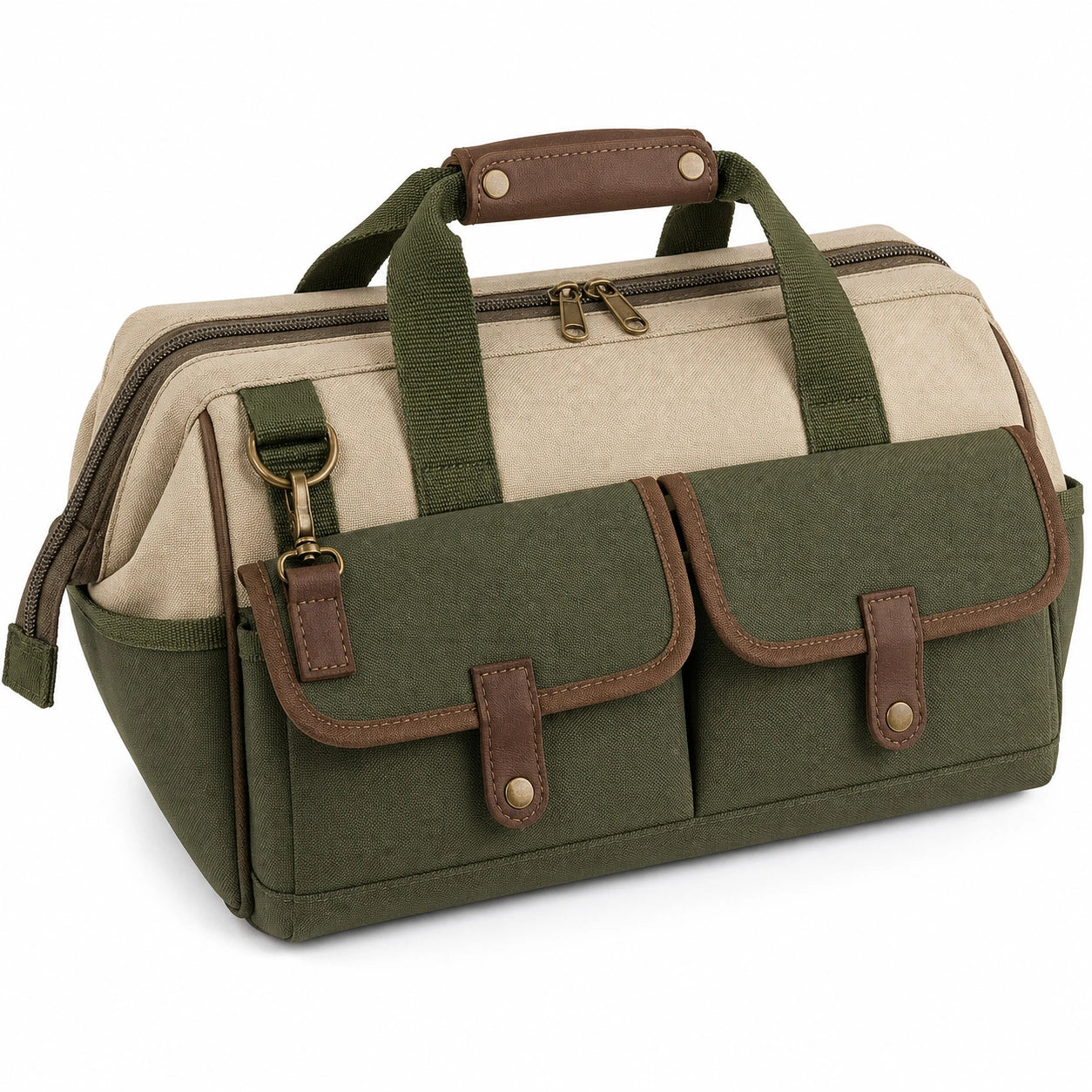 Sac à outils robuste avec poches avant vert et beige