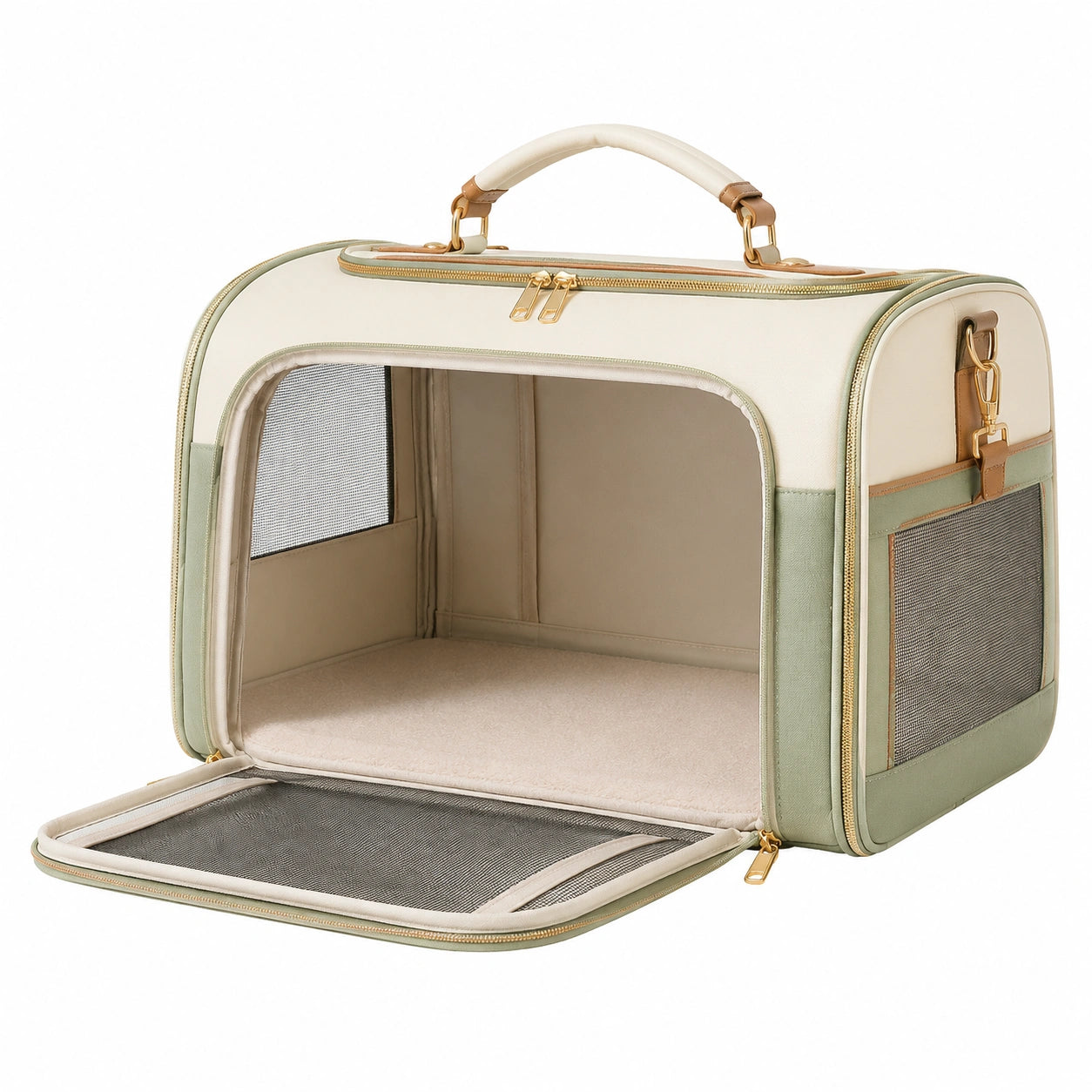 Sac de Transport pour Animaux Beige et Vert avec Aération Optimale