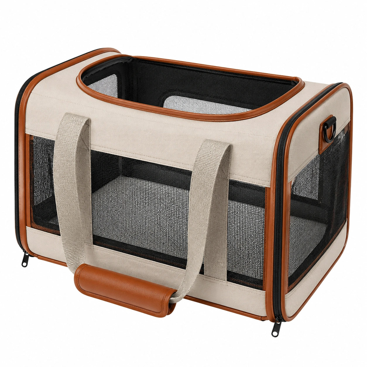 Sac de transport pour animaux beige et marron avec mailles et fermeture éclair